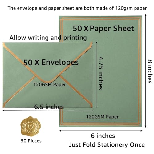 50 Pack Stationery Set with Envelopes, Sage-Green, 6x8 Inches - color: Sage-Green, size: 6x8 Inches