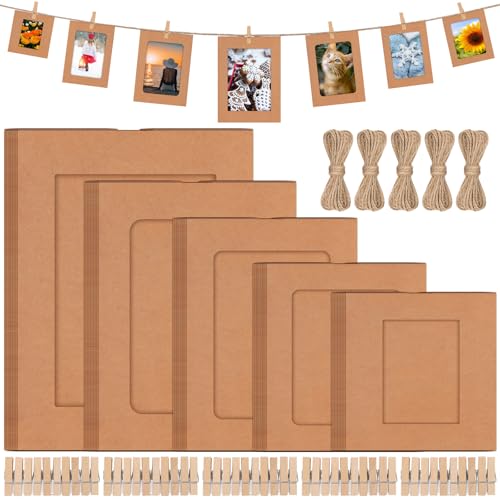 50 Set Brown Paper Picture Frames, Includes 3" 4" 5" 6" 7" Cardboard Hanging Photo Frames with Wooden Clips, Strings for Home Decor - color: Brown, size: 5 Sizes