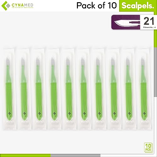 Cynamed Disposable Scalpel Blades| Sharp, Tempered Stainless-Steel Blades | Pack of 10 Sterile Scalpel Knives| Plastic Handle| Individual Pouches| for Dermaplaining, Podiatry, Crafts & More (No.21) - style: No.21