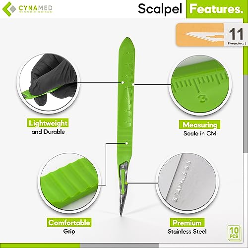 Cynamed Disposable Scalpel Blades| Sharp, Tempered Stainless-Steel Blades | Pack of 10 Sterile Scalpel Knives| Plastic Handle| Individual Pouches| for Dermaplaining, Crafts & More (No.11) - style: No.11
