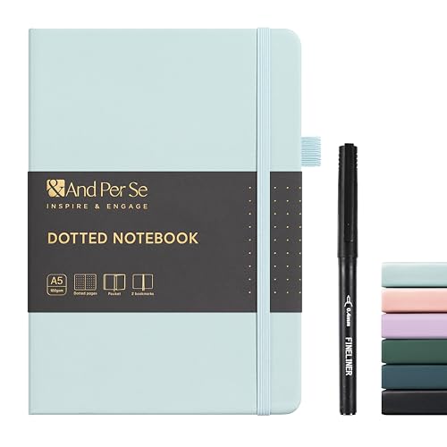 &And Per Se Dotted Notebook with Pen, A5 Hardcover Dotted Journal, 160 Pages 100GSM Thick Paper Dot Grid Journal with Fineliner Pen (Cyan) - color: Cyan, size: 160-Dotted