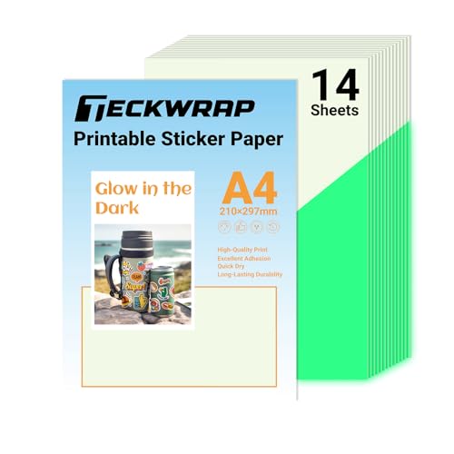 TECKWRAP Printable Vinyl Sticker Paper, Glow in the Dark Sticker Paper for Printer, A4 Inkjet Printable for Custom Stickers, Photo Paper Printing Paper, 8.26" x 11.69" 14 Sheets/Pack - color: 14pcs Glow in Dark