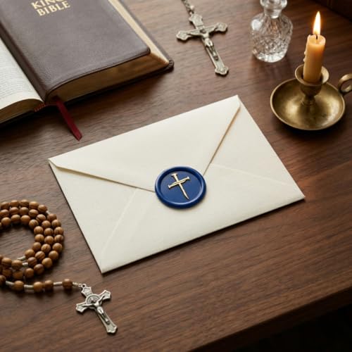 Christian Wax Seal Stamp Kit with 6 Brass Heads + Handle & Gift Box – Cross, Jesus Fish, Faith Hope Love – Religious Symbols for Envelopes, Letters, Bible Journaling (6 wax seals and 1 wooden handle) - size: 6-Piece Christian Wax Seal Stamp Set