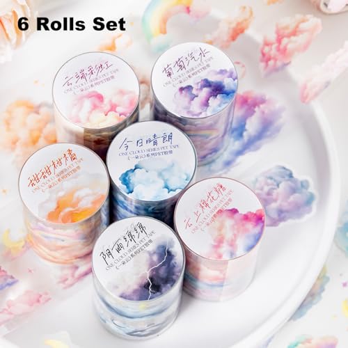 6 Rolls Pre-Cut Cloud PET Tape for Scrapbook Journaling | Rainbows, moons, stars and sky designs; transparent and water-resistant for collages, planners and crafts - style: A Cloud