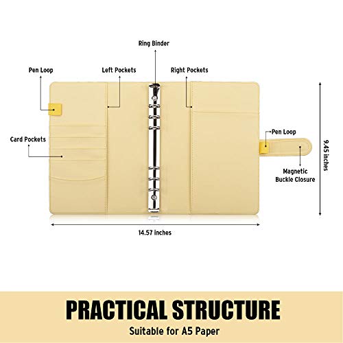 Sooez A5 Notebook Photocard Binder, 6 Ring Planner, Stylish Loose Leaf Personal Organizer Cover with Magnetic Buckle, PU Leather Binder Women with Soft Colors (Yellow) - color: Yellow, size: A5