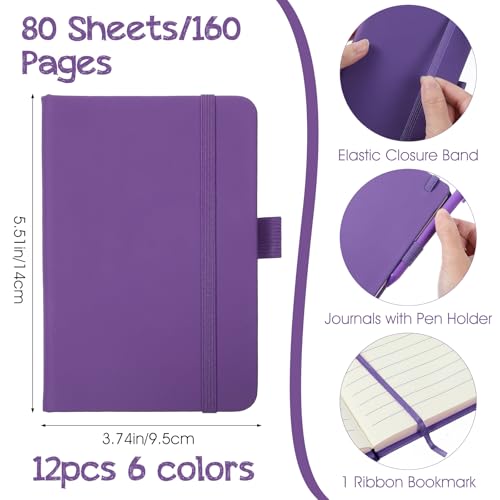 Lemecima 12 Pack Pocket Notebook Journals with 12 Pcs Ballpoint Pens, 6 Colors Mini Leather Hardcover Journal Notebook Bulk Set, 5.5" x 3.7", 80 Sheets, College Ruled for Office & Travel