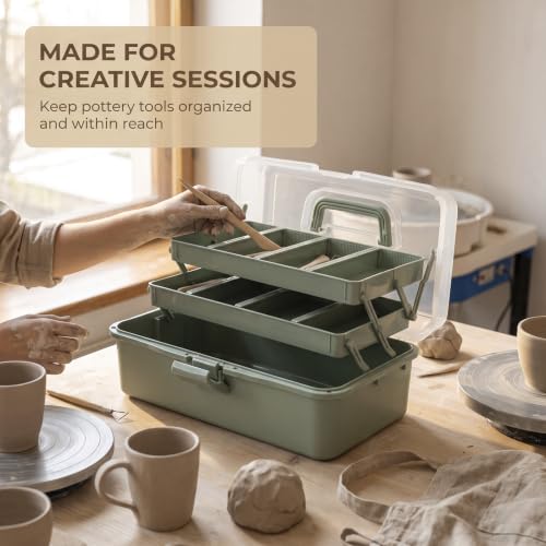 Quntharil Pottery Tool Organizer, 3-Tier Pottery Tool Storage Box with Removable Dividers, Plastic Craft Organizer Case Art Supply Storage with Handle and Safety Latch for Studio & Travel, Green