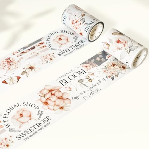 WT Pre-Cut Sweet Rosé Wide Washi Tape, Single Roll, Original Designs, Dreamy Rose Motifs & Subtle Handwritten Accents, Decorative Japanese Paper Tape for Journaling, Scrapbooking, Planner, DIY Crafts - color: WT Pre-Cut Sweet Rosé Wide Washi Tape