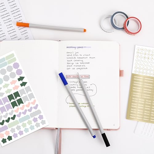 &And Per Se Junk Journal Kit, A5 Hardcover Dot Grid Journal Notebook Set for Beginners with Journaling Supplies Stencils, Stickers, Washi Tapes & Colored Pens Accessories (Black) - color: Black, size: 176-Dotted Journal Kit