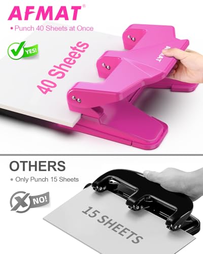 AFMAT 3 Hole Punch Heavy Duty, 40-Sheet Three Hole Punch, 50% Reduced Effort, 3 Hole Puncher for Binder w/Large Chip Tray, 9/32" Holes Diameter, Metal Paper Puncher for Home/Office/School, HP14(Pink) - color: Pink