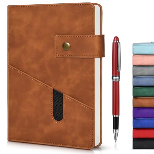 vfaejll Lined Notebook with Pen, 5.9"x8.4" A5 Hardcover Leather Journal Set - color: Brown