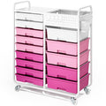 14 Drawer Rolling Storage Cart with Tabletop and Pegboard for Crafts Pink - color: Pink