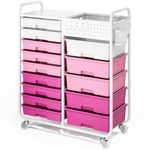 14 Drawer Rolling Storage Cart with Tabletop and Pegboard for Crafts Pink - color: Pink