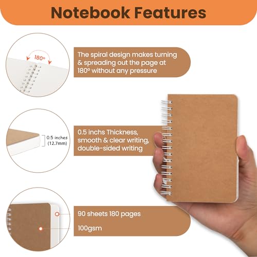 TWONE Spiral Notebook, 5 Pack Aesthetic Notebooks Spiral Journal Notepad Kraft Cover Lay Flat Sketchbook Journals for Writing Drawing Note Taking, 3.5”x5.5”, 180 Blank Pages, 90 Sheets - style: Blank.