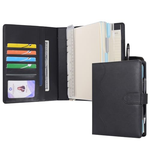 WASON A5 Binder PU Leather Journal Ring Portfolio Lined Notebook Refillable Paper Diary with Removable Clipboard Writing Notepad for Travel Business School Agenda Organizer (Black) - color: Black