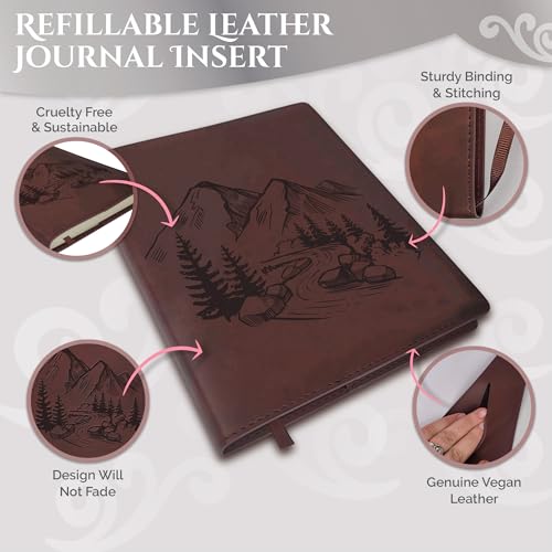 Sunny Lark Mountains Leather Journal | Refillable Leather Journal for Women & Men | Travel Journal with Outdoor Illustration - style: Mountains