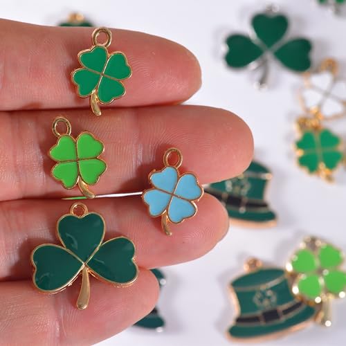 Bulk Gold Enamel Charms for Jewelry Making, Colorful Metal Charms Pendant for Bracelet Necklace and Crafting - color: Clover Green