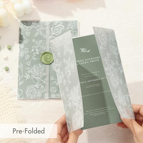 AZAZA 100 Pack Pre-Folded Vellum Jackets for 5x7 Invitations, Translucent Invitation Sleeves,115GSM Vellum Jackets 5x7, Wedding Invitation Accessories,for Weddings Birthdays,White Elegant Roses - color: 100Pack--White Elegant Roses