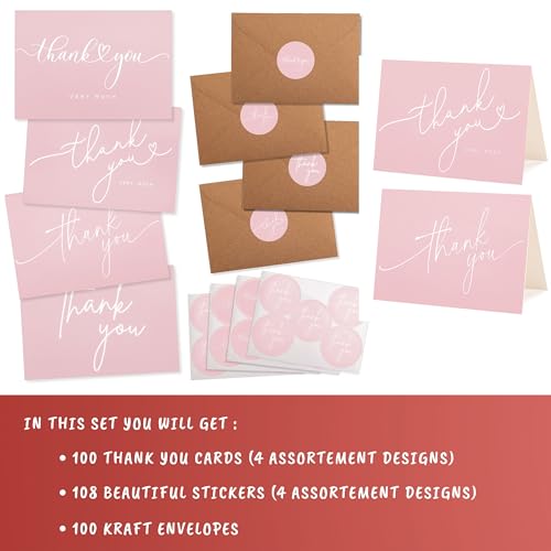 Layneria 100 Bulk Pink Thank You Cards with Kraft Envelopes and stickers - 4 Minimalistic Designs Blank Thank You Notes with Envelopes for business Wedding Bridal Gift Baby Shower Business Graduation - color: Pink and White