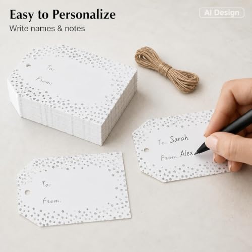G2PLUS Silver Foil Dots Gift Tags, 50PCS to and from Tags, Gift Name Tag with String, White Paper Hang Label Tag for Present Wrapping, Wedding, Baby Shower, Christmas Party Favors (2.1x3.3 in) - style: to from-Silver Dots