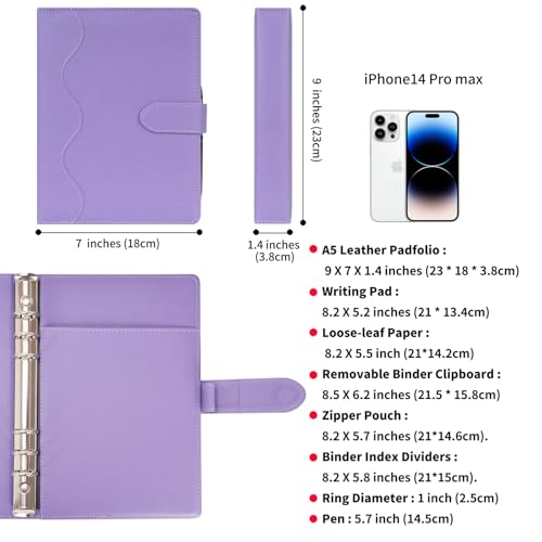 WASON A5 Binder PU Leather Journal Ring Portfolio Lined Notebook Refillable Paper Diary with Removable Clipboard Writing Notepad for Travel Business School Agenda Organizer (Purple) - color: Purple