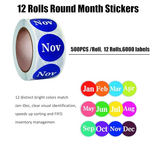 12 Rolls 6000 Labels Round Month Stickers-1 Inch Color Coded Monthly Adhesive Labels for Inventory Management and Organization, 500 Pieces Per Roll