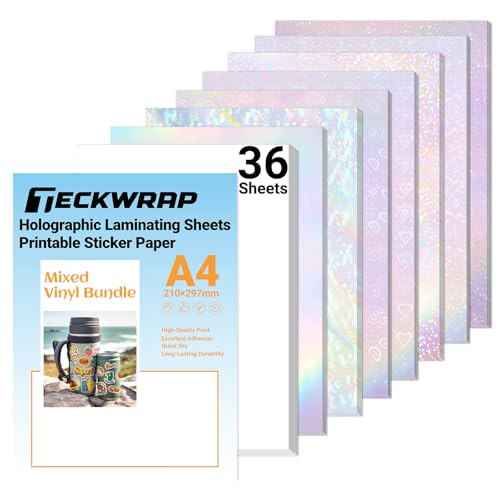 TECKWRAP Sticker Paper for Inkject Printer Holographic Laminating Sheets Matte Inkjet Printable Vinyl 8.26" x 11.69" A4 36 Sheets Printer Paper Vinyl Stickers Waterproof Photo Paper - color: 36PCS Lamination Vinyl & Printable Vinyl Bundle