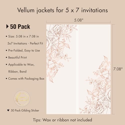 50 Pack Pre-Folded Vellum Jackets for 5x7 Invitations,AZAZA Gorgeous Translucent Invitation Sleeves,115GSM Vellum Jackets 5x7, Wedding Invitation Accessories, for Weddings Birthdays,Rose Golden Roses - color: Real Rose Gold Foil Stamping Roses
