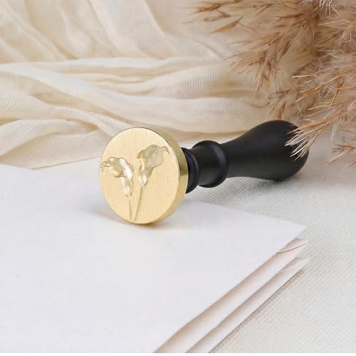 UNIQOOO 3D Embossed 2 Flowers Calla Lily Wax Seal Stamp with Wooden Handle, Vintage Floral Brass Sealing Wax Stamp Head for Wedding Invitations, Envelopes, Gift Wrapping, DIY Crafts - color: 2 Flowers Calla Lily