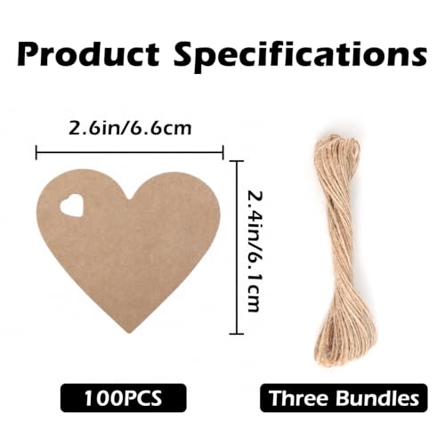 100 Pcs Kraft Paper Heart Gift Tags with String, 2.4" x 2.6"