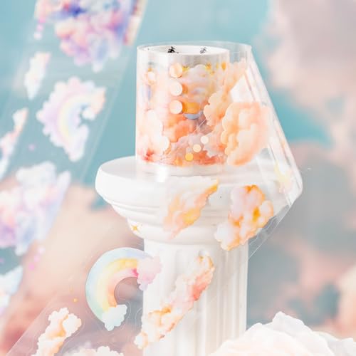 6 Rolls Pre-Cut Cloud PET Tape for Scrapbook Journaling | Rainbows, moons, stars and sky designs; transparent and water-resistant for collages, planners and crafts - style: A Cloud