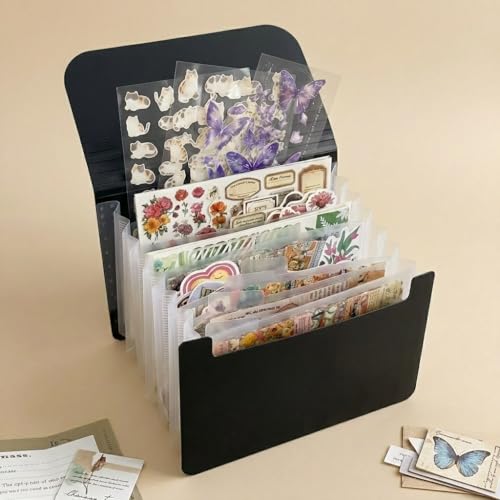 Sticker Storage Organizer with 7 Expandable Pockets, A6 Multi-Layer Desktop Sticker Binder for Scrapbook Essentials and Journal Organizer, Large Capacity for Thick Sticker Album, Washi Tape(Black) - color: black