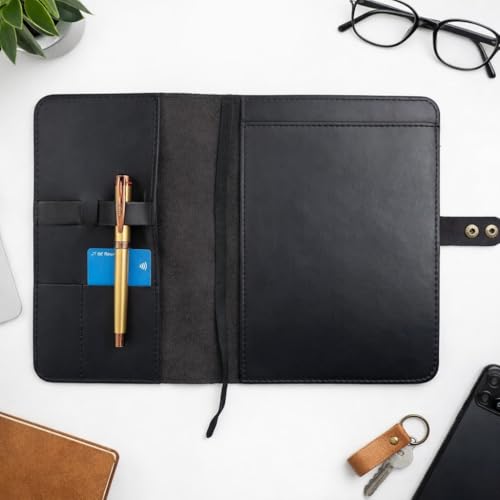Rustic Leather Steno Notebook Cover 6 X 9 In Top-Bound, Black | Rustic Handmade Refillable Leather Cover Fits 6 X 9 In Top-Bound Spiral Steno Notebooks For Journaling And Note Taking - color: Black