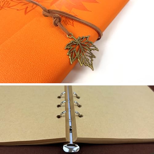 Journal Notebook for Women Men, Orange Leather Sketchbook Classic Spiral Bound Notebook with Unlined Kraft Paper Refillable Diary Travel Journals for Writing Ideal Gifts(Leaves,A5/Orange) - color: Orange