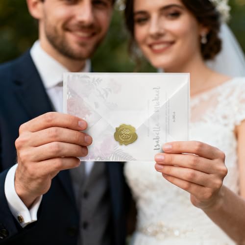 300 Pack Vellum Jackets for 5x7 Invitations Set includes: 100 Jackets, 100 Vellum Envelopes and 100 seal stickers. Wedding Invitation Accessories Kit. Easy to use Pre Folded Invitation Sleeves
