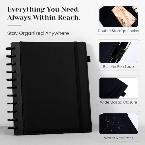 Hardcover Refillable Journal Notebook with Removable Divider Tabs, 300 Pages Leather 5 Subject Discbound Notebook College Ruled for Work School Note Taking,10x11.5" Lined Journal for Men & Women,black - color: Black, size: Large