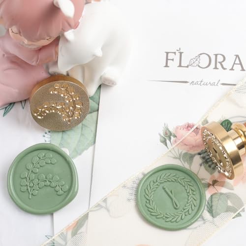 YOLAKIS Initial J Wax Seal Stamp Olive Alphabet J Sealing Stamp and Eucalyptus Wax Stamp Brass Head Decorate Christmas Cards Envelope Gift Wrap Wedding Theme Party Invitation (J) - color: YOLET-J