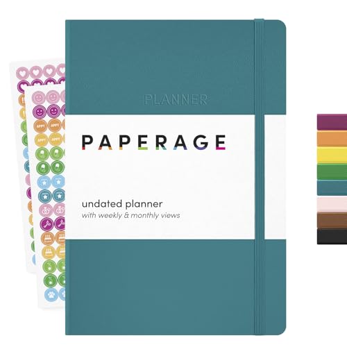 PAPERAGE Undated Weekly & Monthly Hardcover Planner (Turquoise), 5.6 in x 8 in, Includes Lined Note Pages & 2 Sticker Sheets - color: Turquoise, style: Casebound