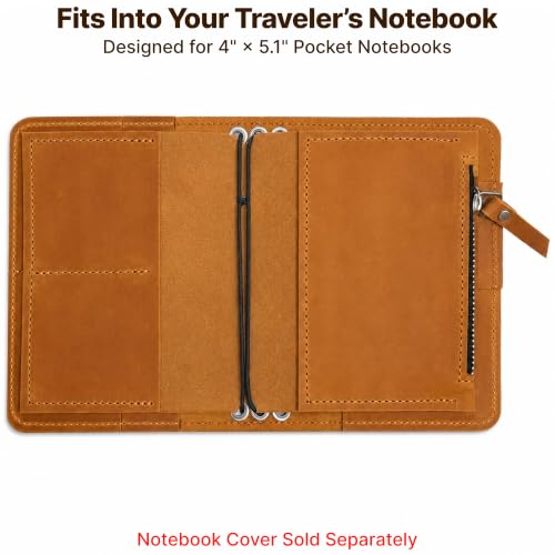 Leather Insert for Pocket Size Notebook (4" x 5.1") – Handmade Notebook Organizer with Card Slots & Zipper Pocket, Refillable Journal Insert, Travel Notebook Insert, Planner Insert, Warm Brown - size: Pocket Size