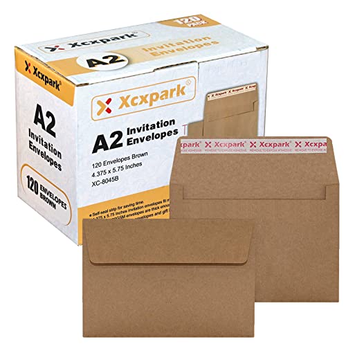 Xxcxpark 120 Qty Printable A2 Invitation Envelopes 4.375 x 5.75 Cards, Self Seal 120GSM Brown Paper Envelopes for Invitations, Papers, Photos, Documents, Wedding, Baby Shower, Easy to Seal and Peel - color: Brown, size: 120 Qty A2 Envelopes (4.375" x 5.75