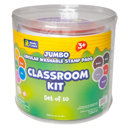 READY 2 LEARN Jumbo Circular Washable Stamp Pads - Classroom - Set of 10 Colors - 5.75" dia. - Non-Toxic - Fade Resistant - Ideal Size for Handprints and Footprints