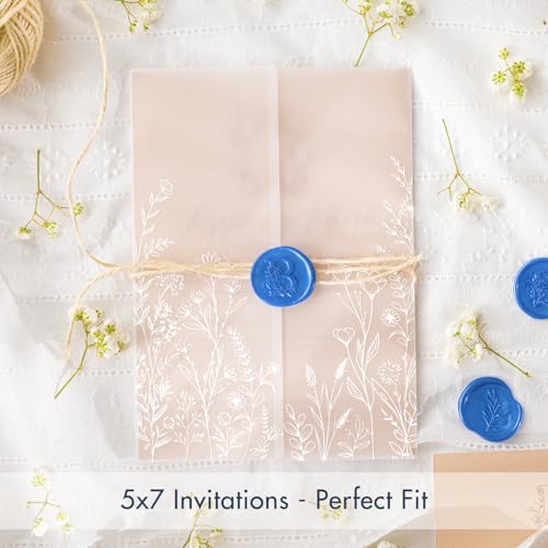 50 Pack Pre-Folded Vellum Jackets for 5x7 Invitations,AZAZA Elegant Translucent Invitation Sleeves,115GSM Vellum Jackets 5x7, Wedding Invitation Accessories,for Weddings Birthdays,White Wildflower - color: White Wildflower Pattern