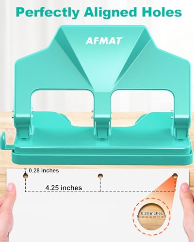 AFMAT 3 Hole Punch Heavy Duty, 40-Sheet Three Hole Punch, 50% Reduced Effort, 3 Hole Puncher for Binder w/Large Chip Tray, 9/32" Holes Diameter, Metal Paper Puncher for Home/Office/School, HP14(Green) - color: Turquoise