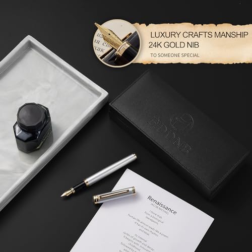 Silver Luxury Fountain Pen Set for Men and Women with Gift Box, 24K Gold Finish and Gilded Nib(Extra Fine) - color: Silver, style: Extra Fine Nib