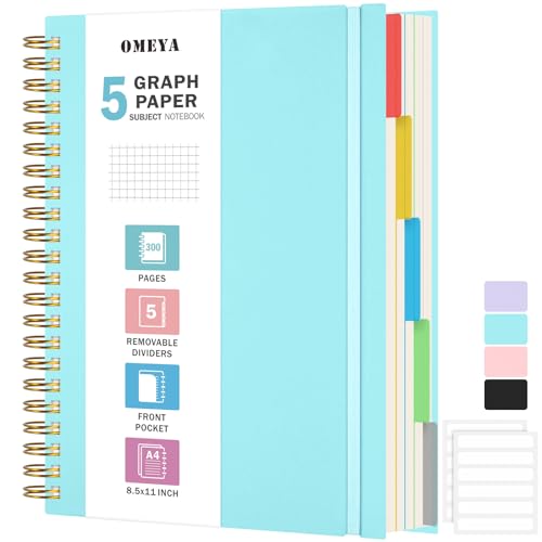 Graph Paper Notebook 8.5" X 11": 5 Subject Graphing Notebook with Dividers - color: Blue