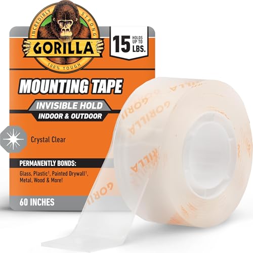 GORILLA Invisible Hold Mounting Tape, Holds Up to 15 lbs, Clear, 1" x 60", (Pack of 6) - size: 60' inches (Pack of 6)