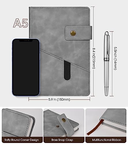 vfaejll Lined Notebook with Pen, 5.9"x8.4" A5 Hardcover Leather Journal Set - color: Grey