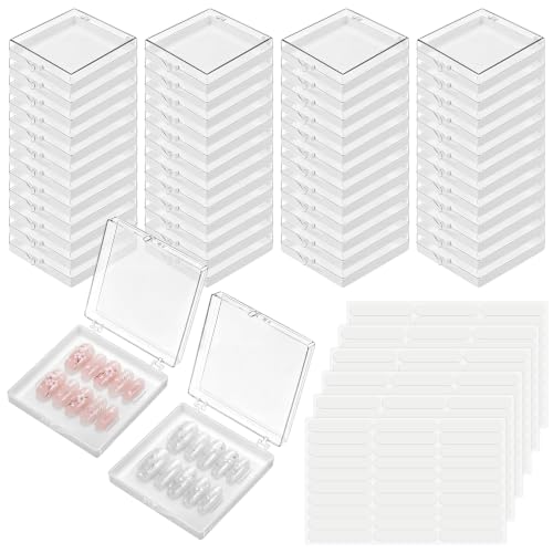 AceOrbit 48 Pcs Press on Nail Boxes with 180 Pcs Adhesive Double Sided Tape Acrylic Press on Nail Packaging Cases White Square Transparent Storage Case Organizer for Display Art Salon Supplies - color: White