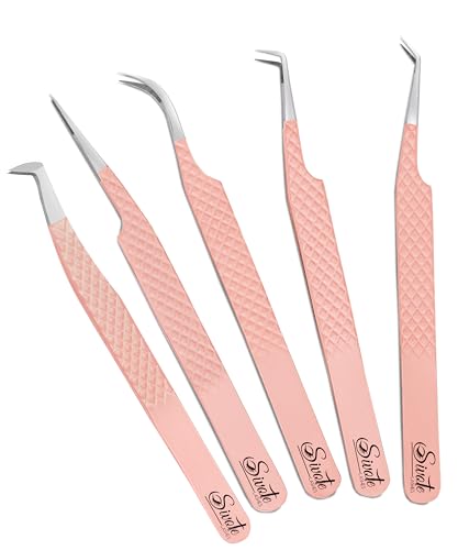 Lash Tweezers for Eyelash Extensions, Pack of 5, Peach, Diamond Grip - color: Peach