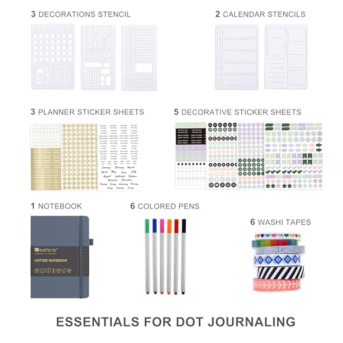 &And Per Se Junk Journal Kit, A5 Hardcover Dot Grid Journal Notebook Set for Beginners with Journaling Supplies Stencils, Stickers, Washi Tapes & Colored Pens Accessories (Dark Blue) - color: Dark Blue, size: 176-Dotted Journal Kit